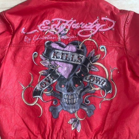 Ed Hardy Leather Jacket Women’s Size Medium Red ‎ Y2K Vintage Hooded Authentic - Picture 3 of 12